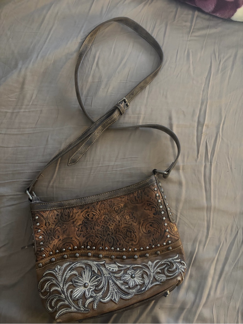 Shyanne Brown Leather Floral Embroidered Crossbody with Silver Accents